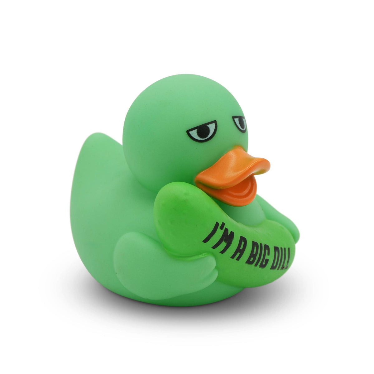 Mellow Monkey green rubber duck holding a pickle with the text I am a Big Dill printed on it