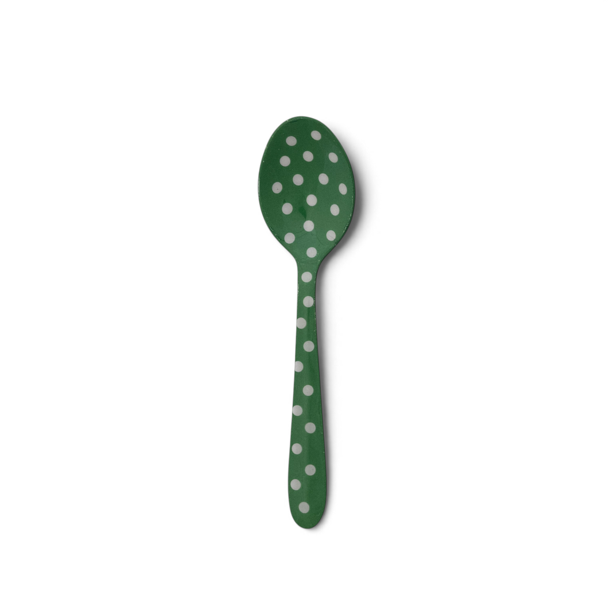 Mellow Monkey stainless steel spoon in green with a white polka dot pattern for decorative home use.