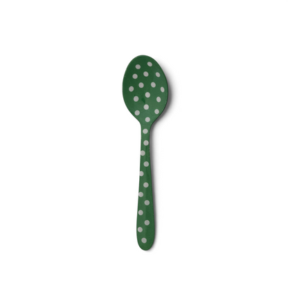Mellow Monkey stainless steel spoon in green with a white polka dot pattern for decorative home use.