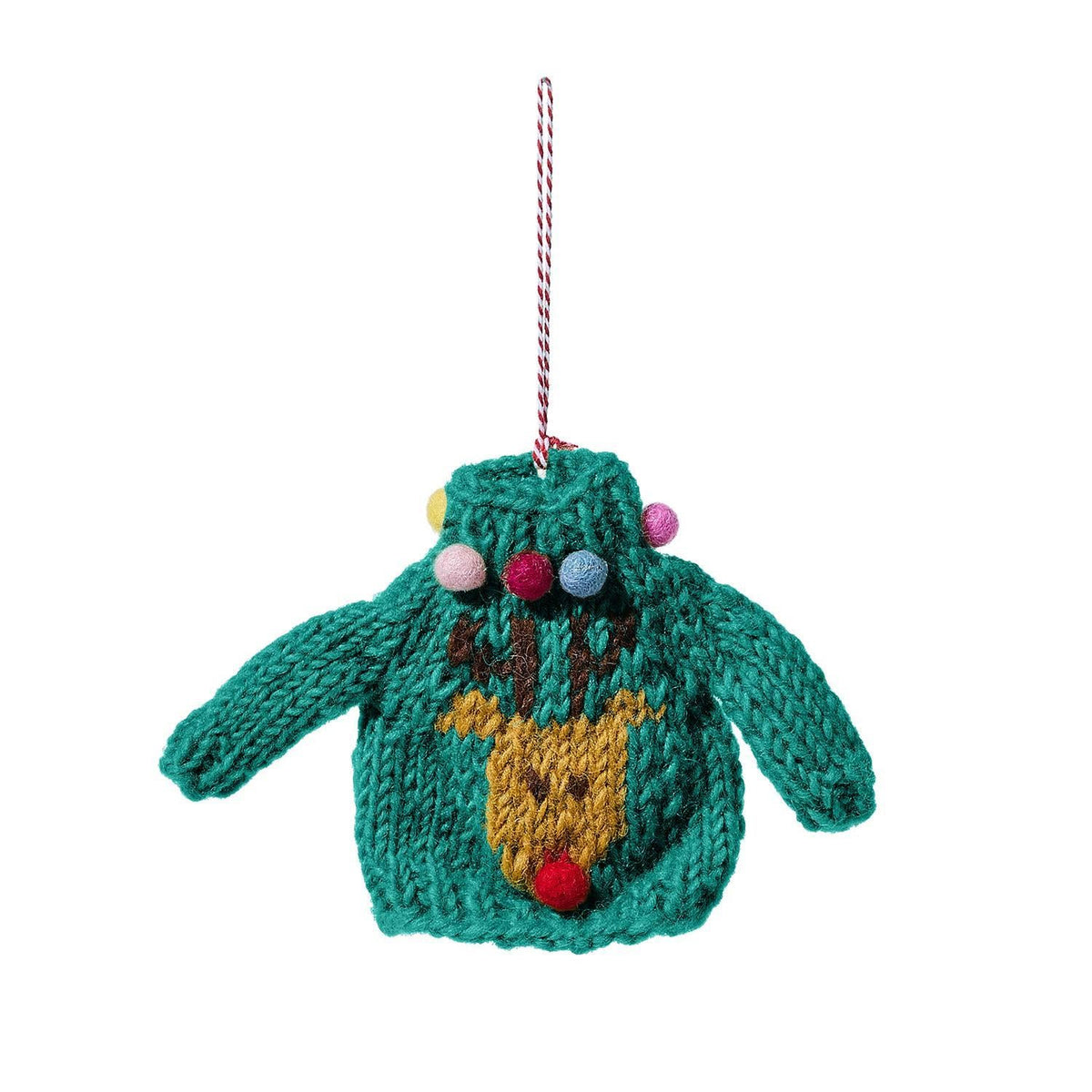 Mellow Monkey green hand-crafted wool sweater ornament featuring a reindeer design with colorful pom-pom accents.