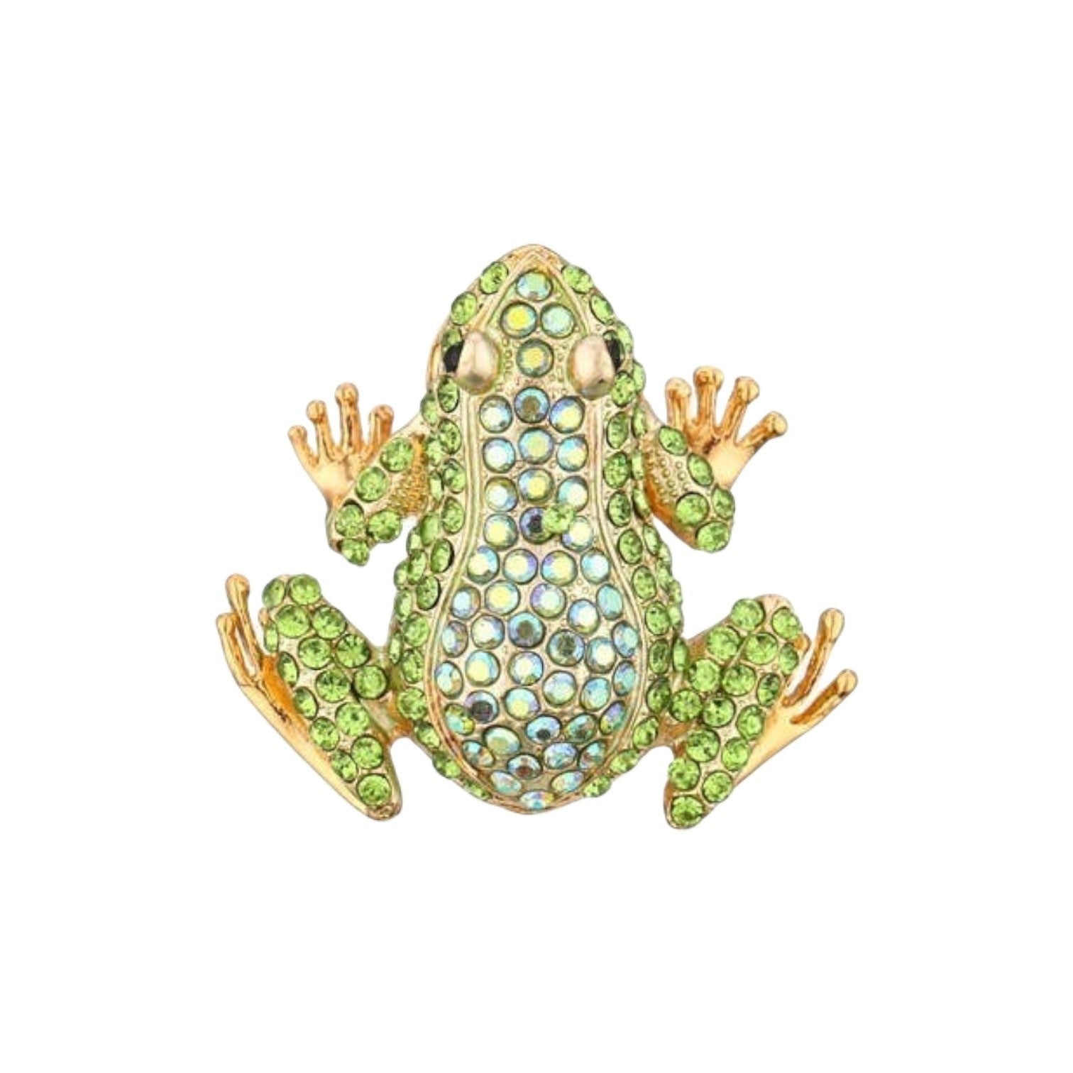 Mellow Monkey green rhinestone toad brooch pin with gold accents.