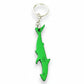 Mellow Monkey green aluminum shark-shaped bottle opener keychain with a metal ring