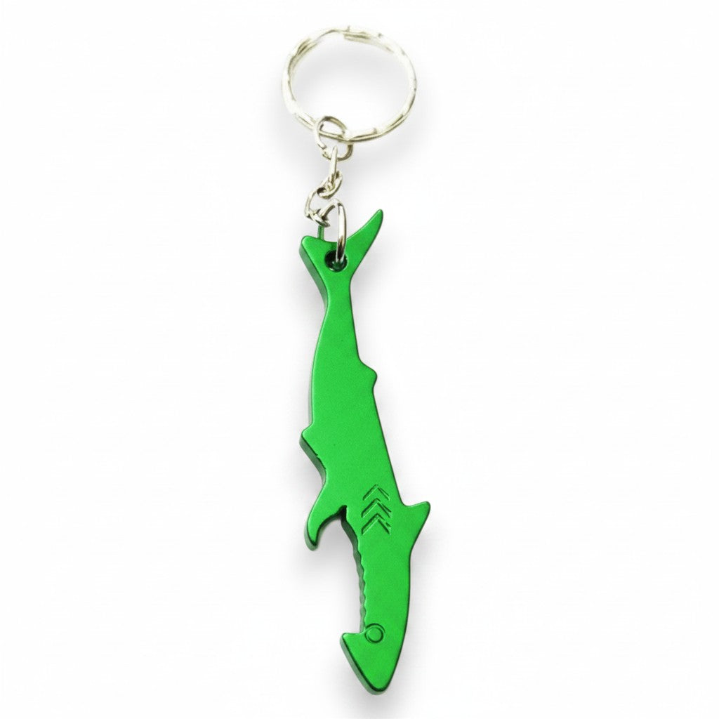 Mellow Monkey green aluminum shark-shaped bottle opener keychain with a metal ring