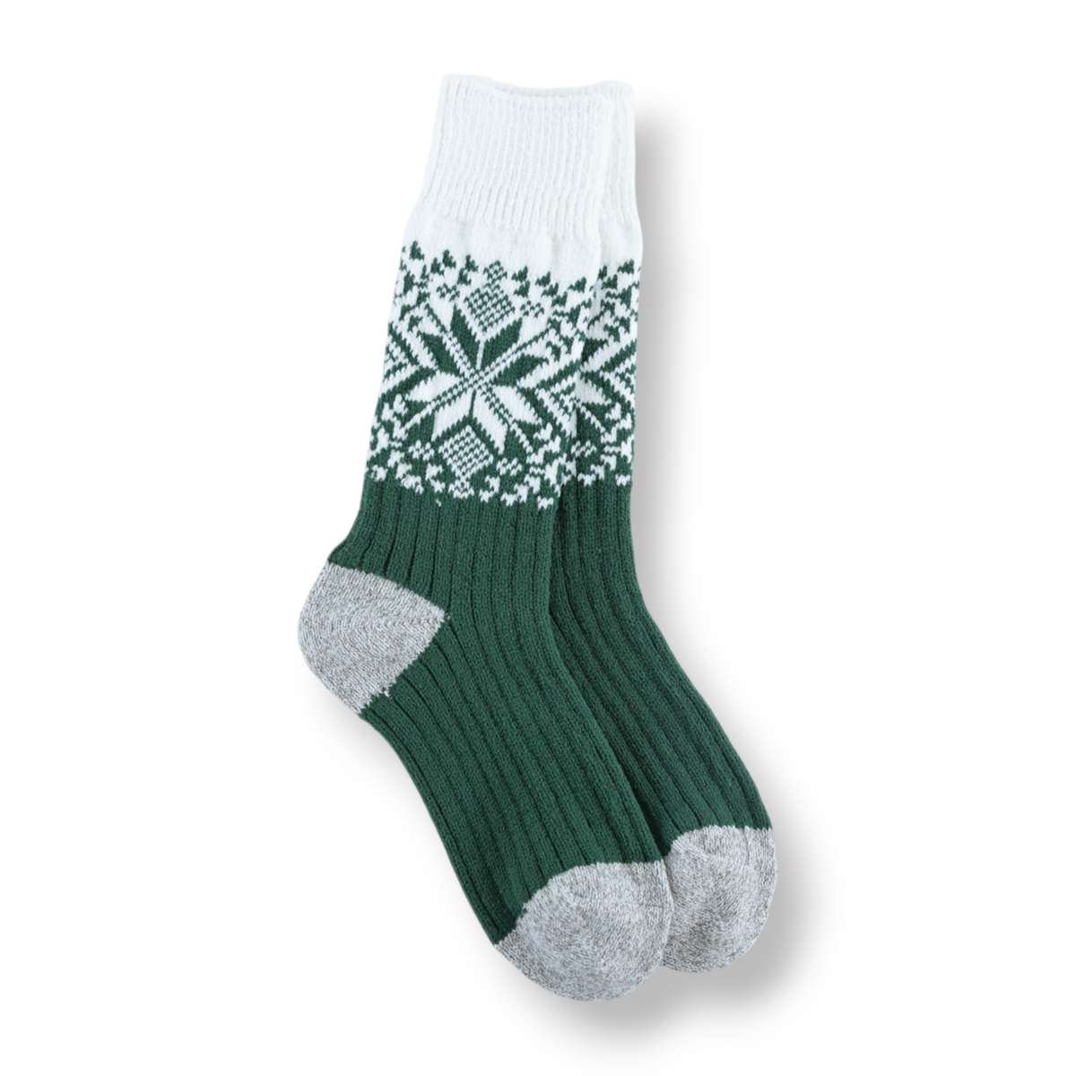 Mellow Monkey Green Ivory holiday crew socks featuring a white snowflake pattern on a green ribbed knit base