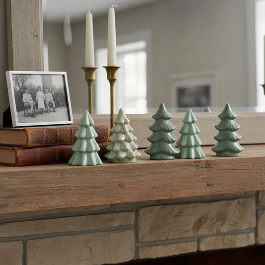 Mellow Monkey set of six small green stoneware Christmas tree figurines displayed on a rustic wooden fireplace mantel