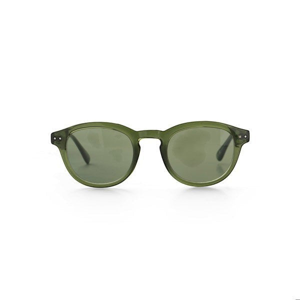 Mellow Monkey Serving Looks Optimum Optical Sunglasses in translucent green with UV protected lenses.