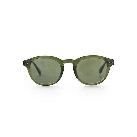 Mellow Monkey Serving Looks Optimum Optical Sunglasses in translucent green with UV protected lenses.