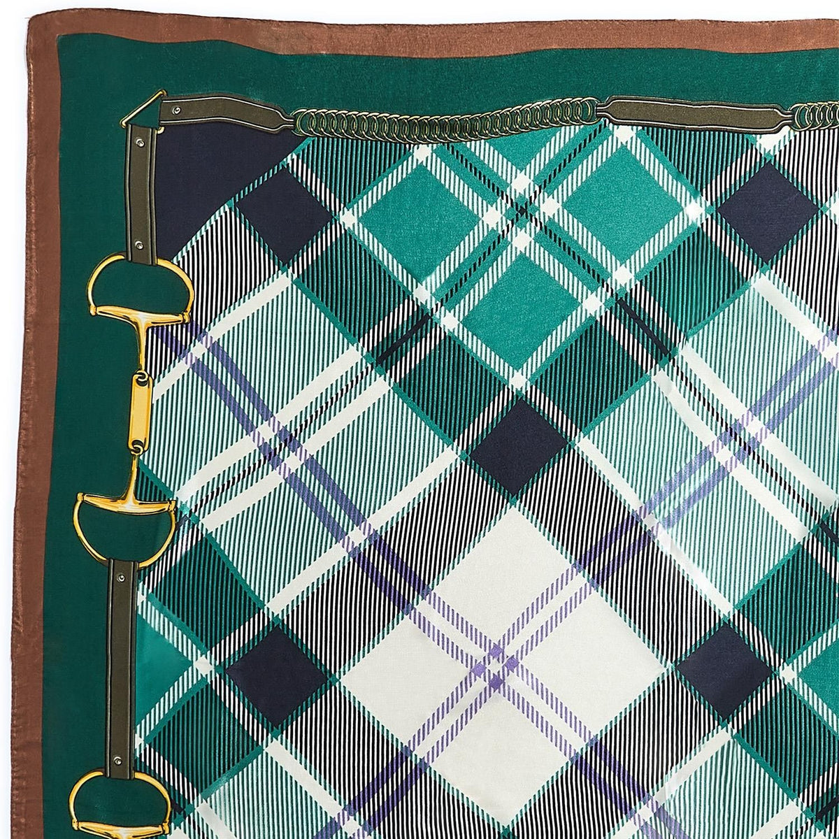 Mellow Monkey green tartan silky scarf with a brown border and gold equestrian horse bit print detail