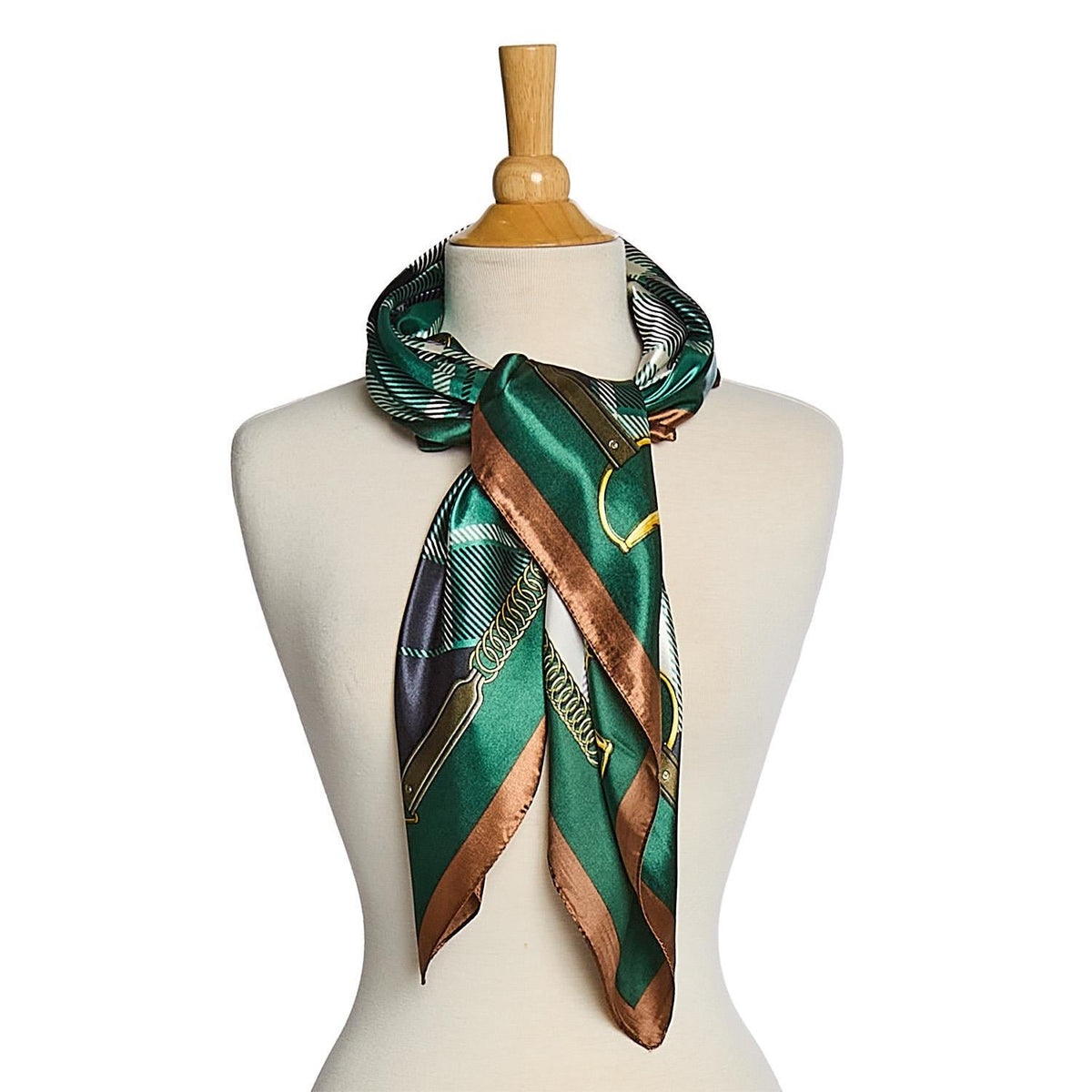 Mellow Monkey green tartan silky scarf with gold chain print draped on a mannequin