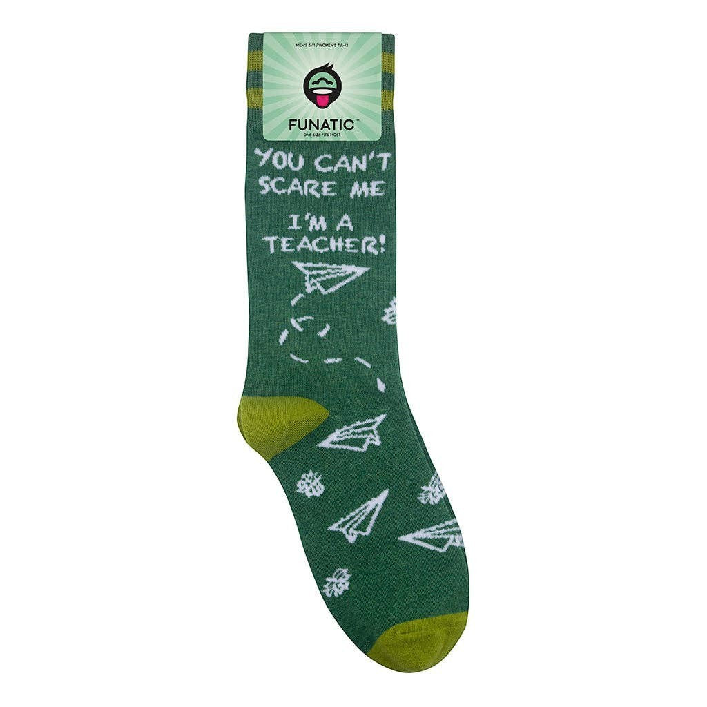 Mellow Monkey green novelty socks featuring paper airplane patterns and the text You Can't Scare Me I'm A Teacher