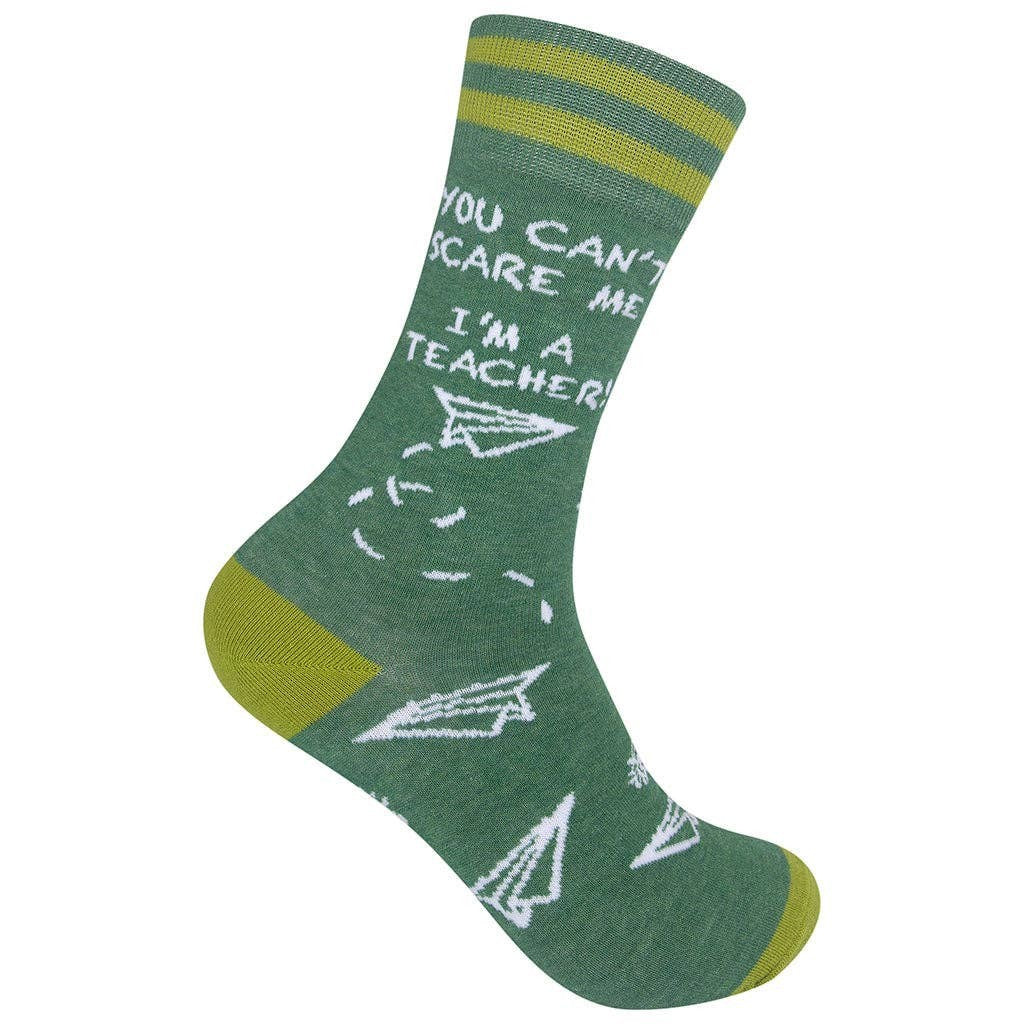 Mellow Monkey green cotton novelty socks featuring paper airplane graphics and the text You Can't Scare Me I'm A Teacher
