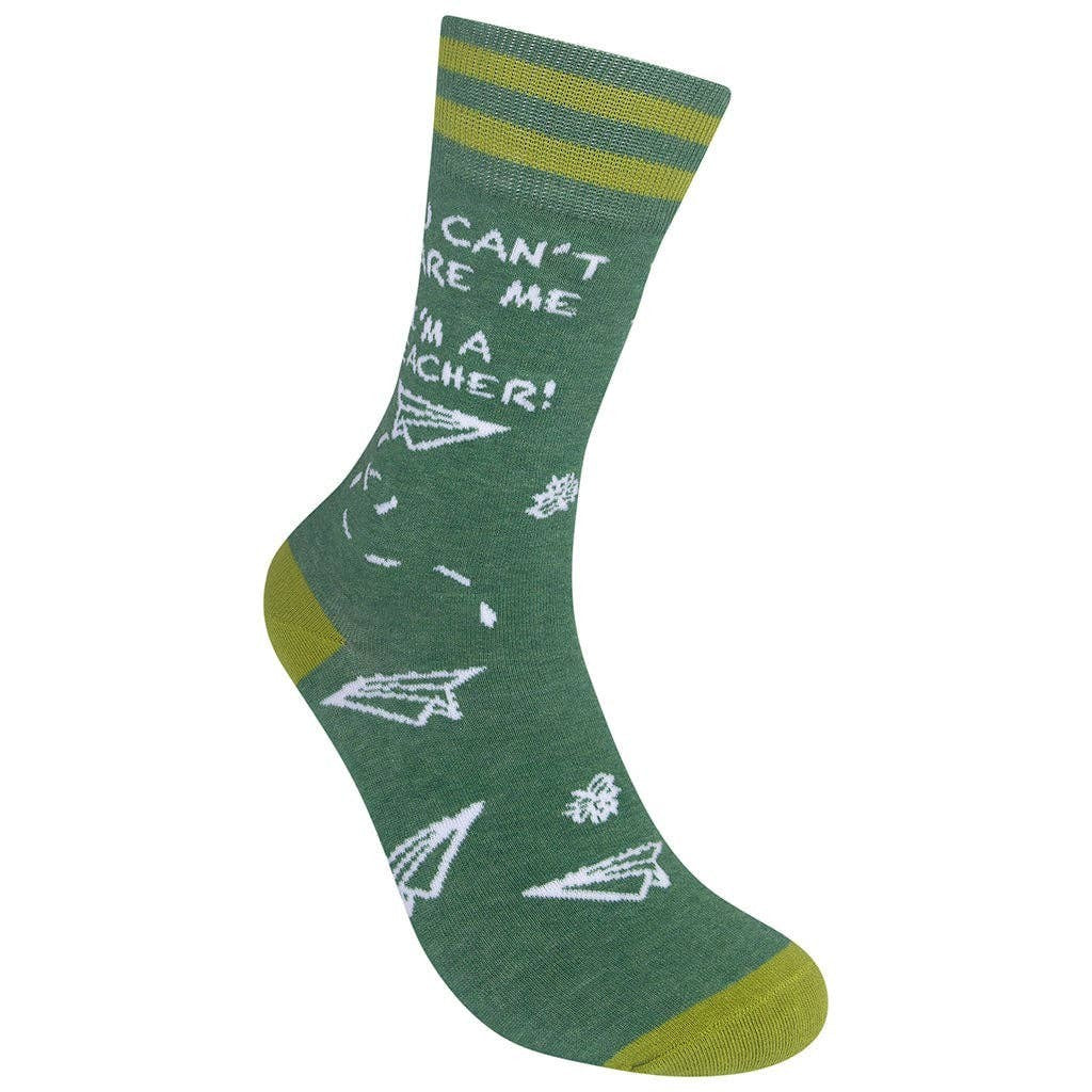 Mellow Monkey green novelty socks for teachers featuring paper airplane patterns and the text You Can't Scare Me