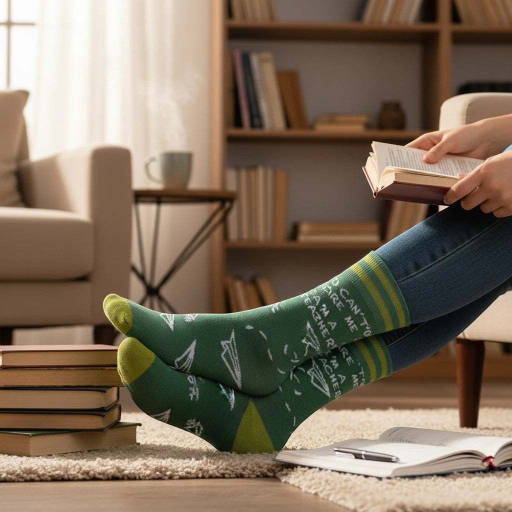 Mellow Monkey green socks with paper airplane motifs and teacher humor text worn by a person reading in a library