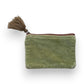 Mellow Monkey green quilted cotton velvet zip pouch with tassel detail, perfect for cosmetics or travel.