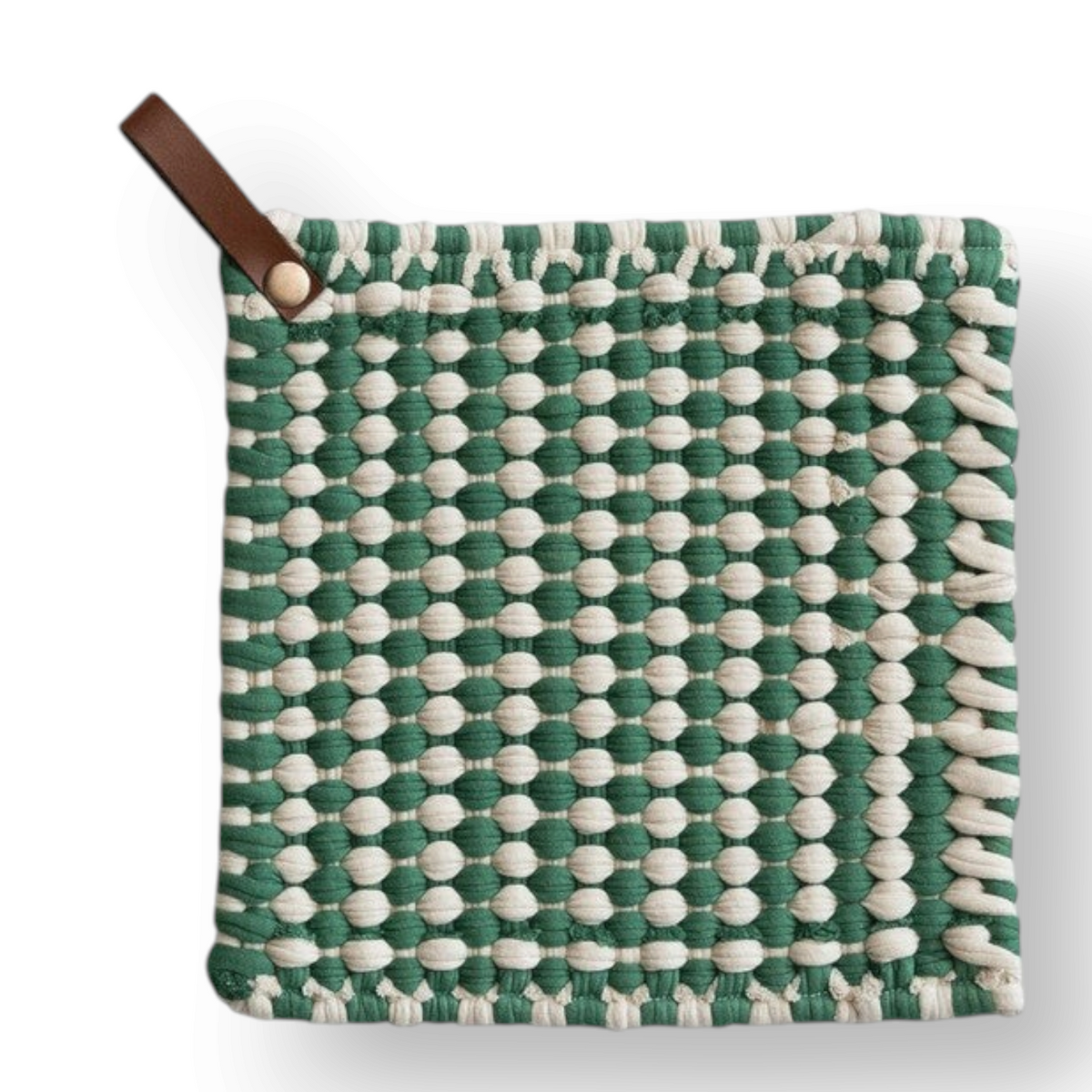 Mellow Monkey square crocheted pot holder in green and white with a brown leather hanging loop.