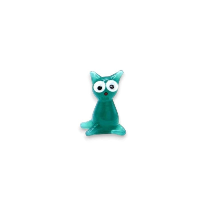 Mellow Monkey greenish-teal handblown glass mini cat figurine with whimsical wide eyes on a white background