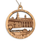 Mellow Monkey round wooden ornament featuring a laser-cut Greenwich, CT landmark design with a twine hanger.