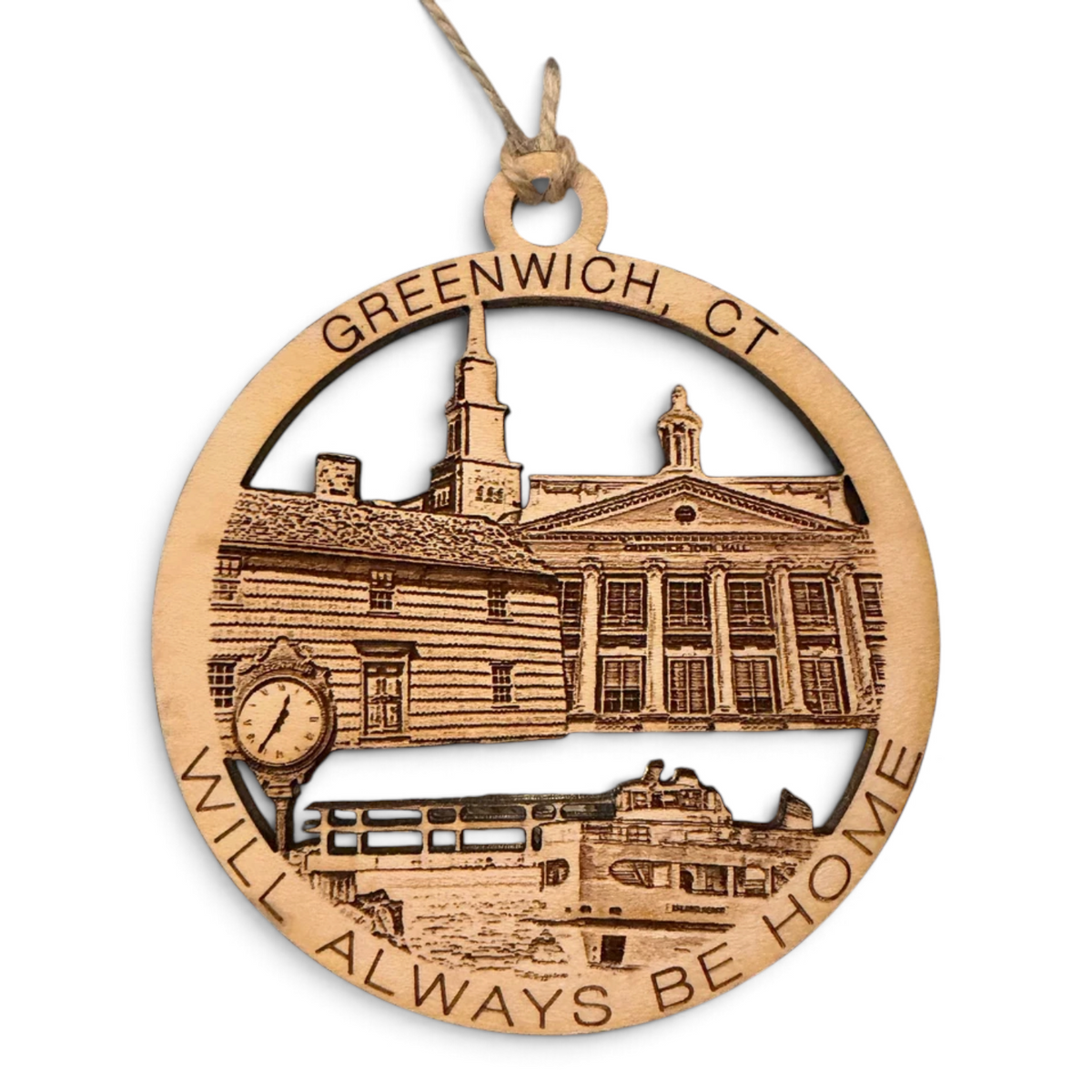 Mellow Monkey round wooden ornament featuring a laser-cut Greenwich, CT landmark design with a twine hanger.