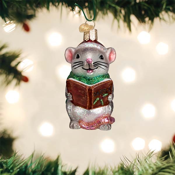 Mellow Monkey Grey Caroling Mouse blown glass holiday ornament with green scarf and book, 3.25-in