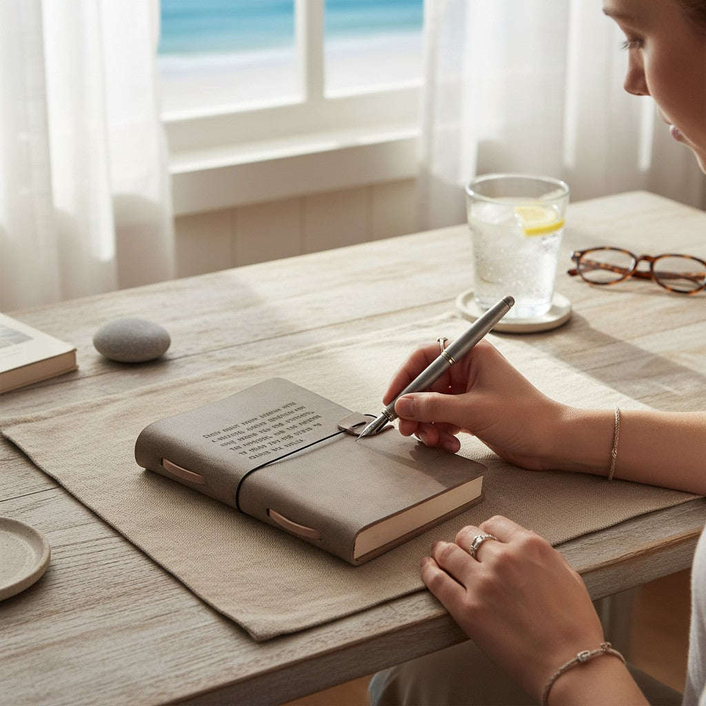 Mellow Monkey grey leather artisan journal with embossed quote "Every great dream begins with a dreamer."