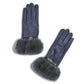 Mellow Monkey grey microsuede gloves with faux fur cuffs and a decorative rhinestone bit detail