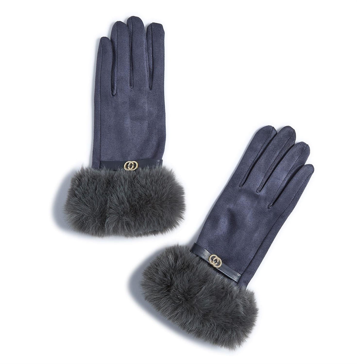 Mellow Monkey grey microsuede gloves with faux fur cuffs and a decorative rhinestone bit detail