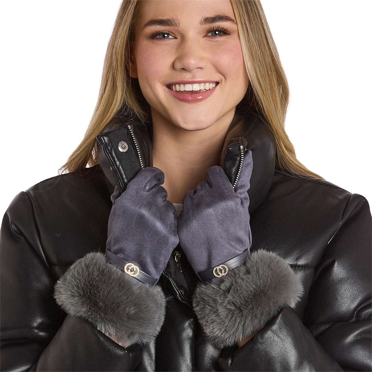 Mellow Monkey grey microsuede gloves with faux fur cuffs and rhinestone bit detail worn by a smiling woman