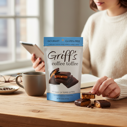 Mellow Monkey Griff's Coffee Toffee 4.5oz bag with dark chocolate covered toffee pieces on a wooden table