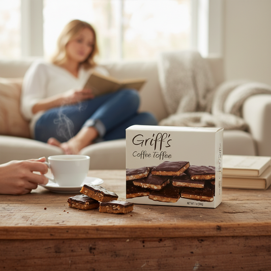 Mellow Monkey 7oz box of Griff's Coffee Toffee with dark chocolate and pecans on a rustic wooden table