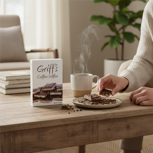 Mellow Monkey Griff's Coffee Toffee 2oz box with dark chocolate pecan toffee pieces on a plate next to a steaming mug