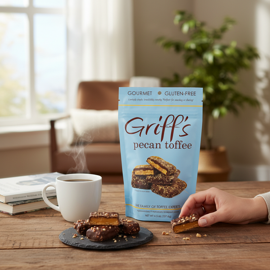 Mellow Monkey Griff's Pecan Toffee in a light blue bag with dark chocolate covered toffee pieces on a slate board.