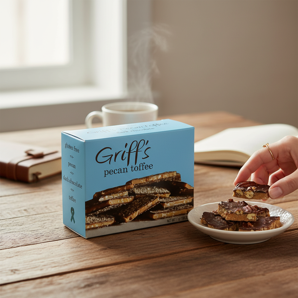 Mellow Monkey Griff's Pecan Toffee box with a hand serving dark chocolate pecan toffee pieces on a wooden table.