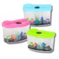 Mellow Monkey growing aquarium toy with pink, blue, and green lids. Features plastic fish and colorful orbs.