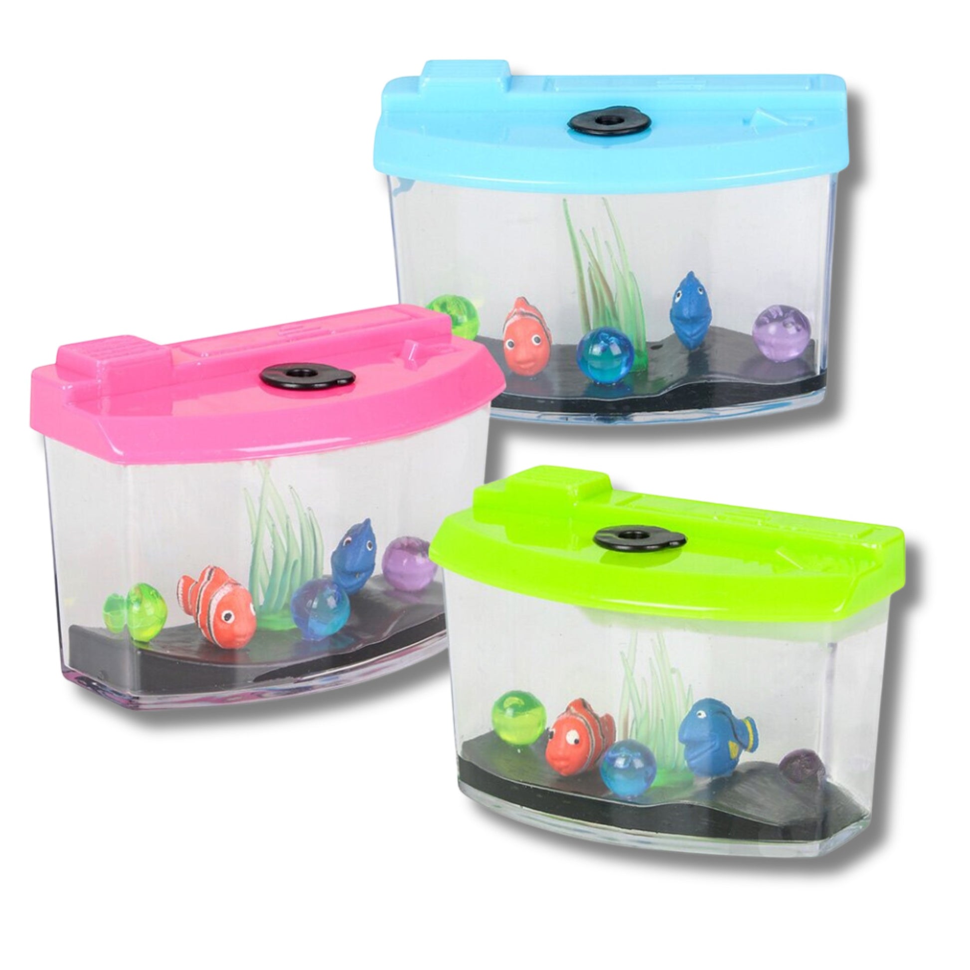 Mellow Monkey growing aquarium toy with pink, blue, and green lids. Features plastic fish and colorful orbs.
