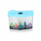 Mellow Monkey growing aquarium toy with neon blue, pink, and green lids, featuring toy fish and colorful orbs.