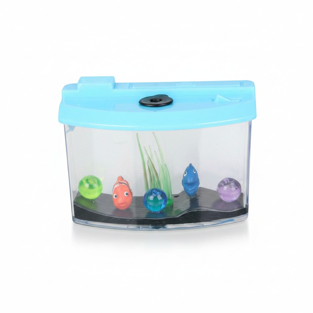 Mellow Monkey growing aquarium toy with neon blue, pink, and green lids, featuring toy fish and colorful orbs.