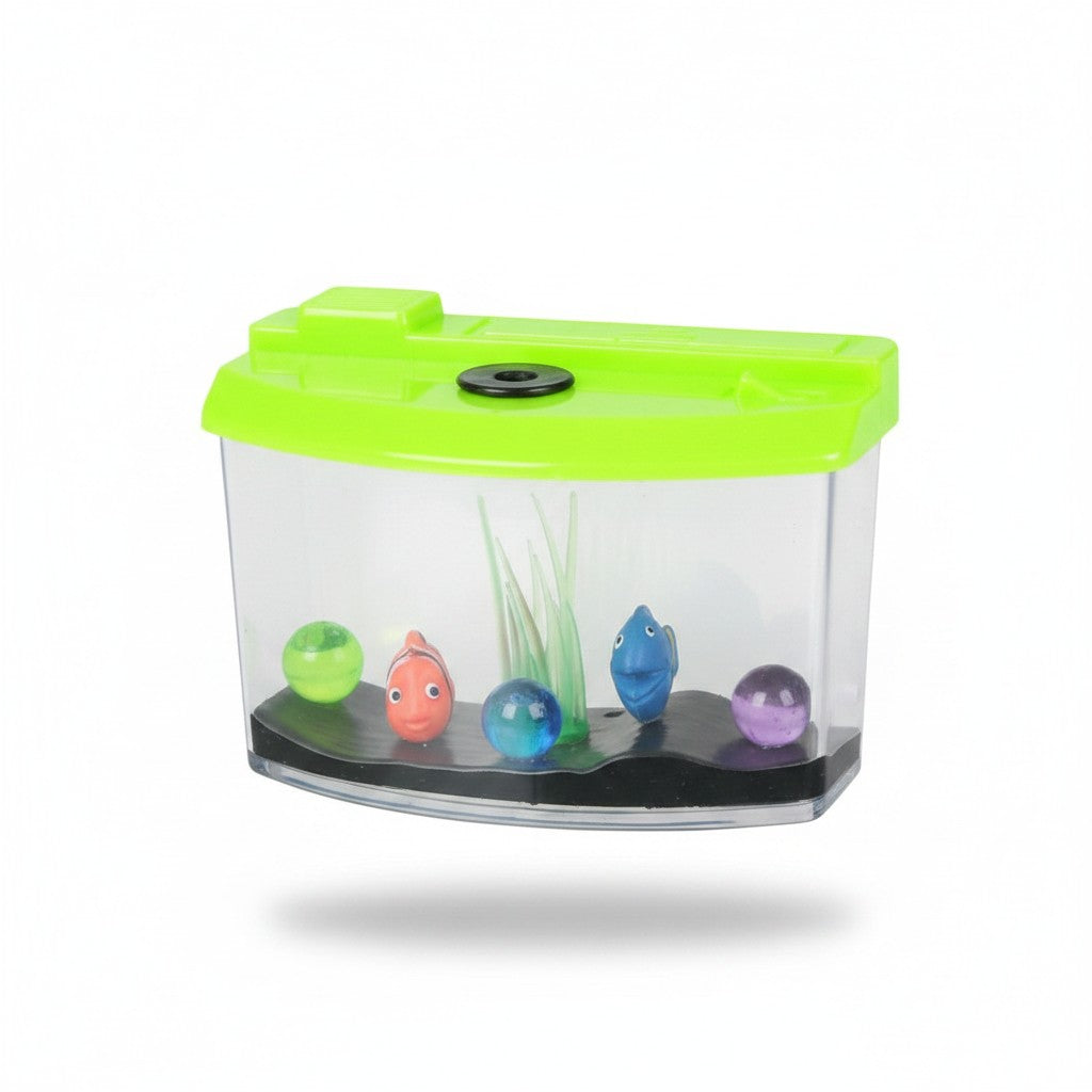 Mellow Monkey growing aquarium toy with neon pink, blue, and green lids. Features plastic fish and colorful orbs.