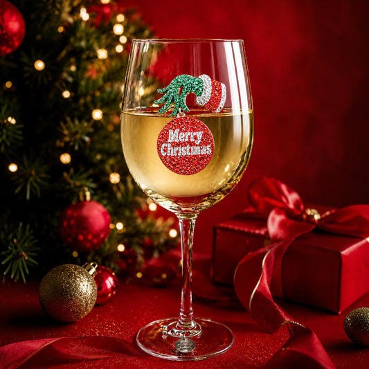 Mellow Monkey Grumpy Christmas stemmed wine glass featuring a green hand and red ornament design on a festive table.