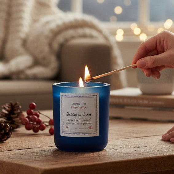 Mellow Monkey Guided by Stars candle in a midnight blue glass jar being lit on a rustic wooden table.
