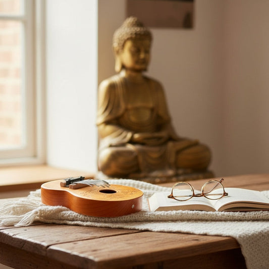 Mellow Monkey Guitar Carimba, a wooden thumb piano with 10 keys and intricate floral carvings, held by a woman sitting by a window.
