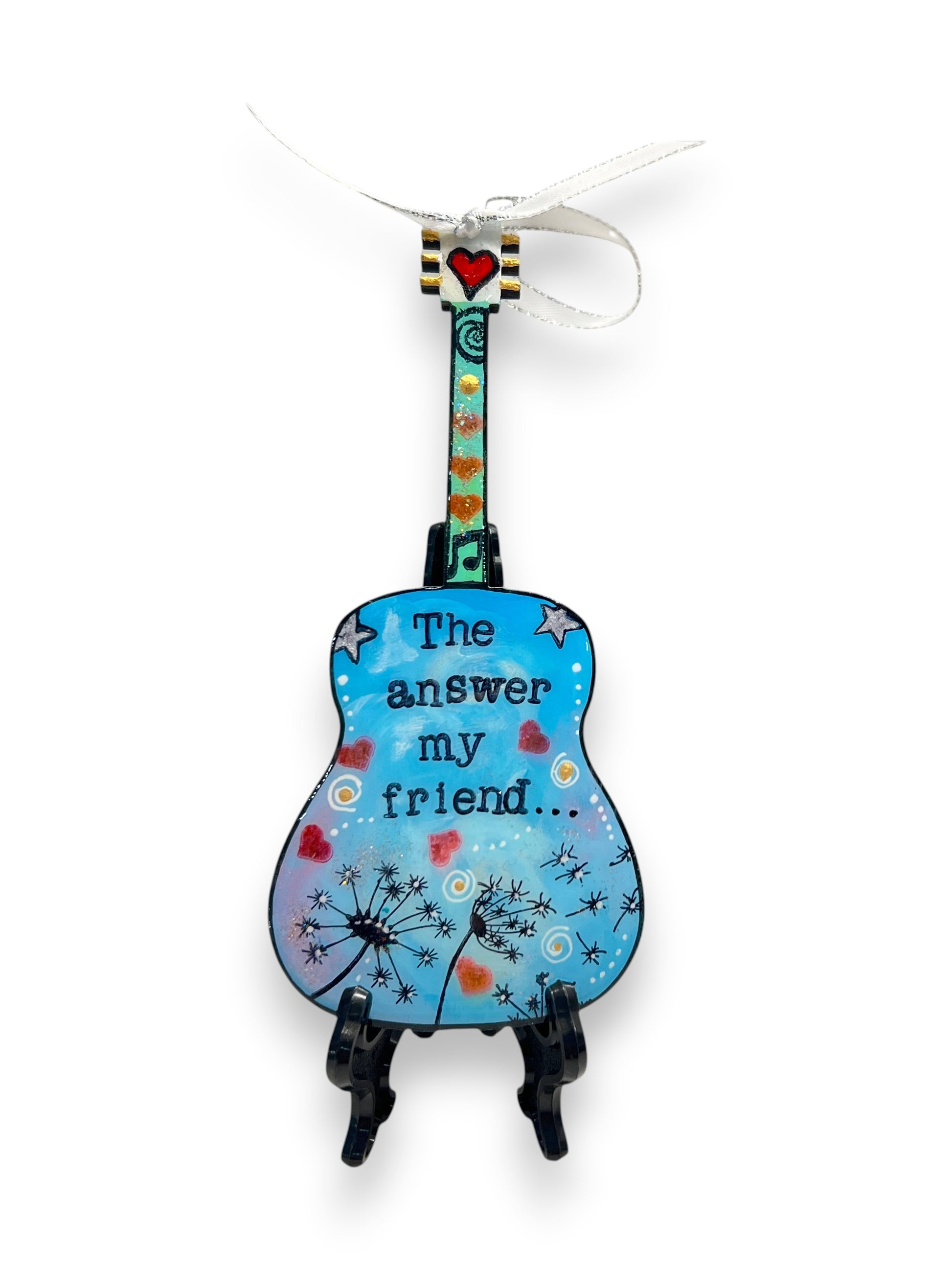 Mellow Monkey hand-painted guitar ornament featuring Blowing In The Wind lyrics and dandelion art on a blue background