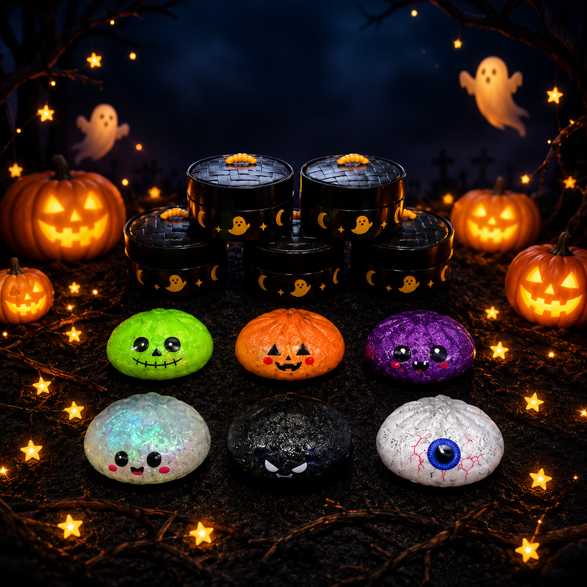 Mellow Monkey Halloween mystery squishy dumplings in collectible black containers with spooky character designs