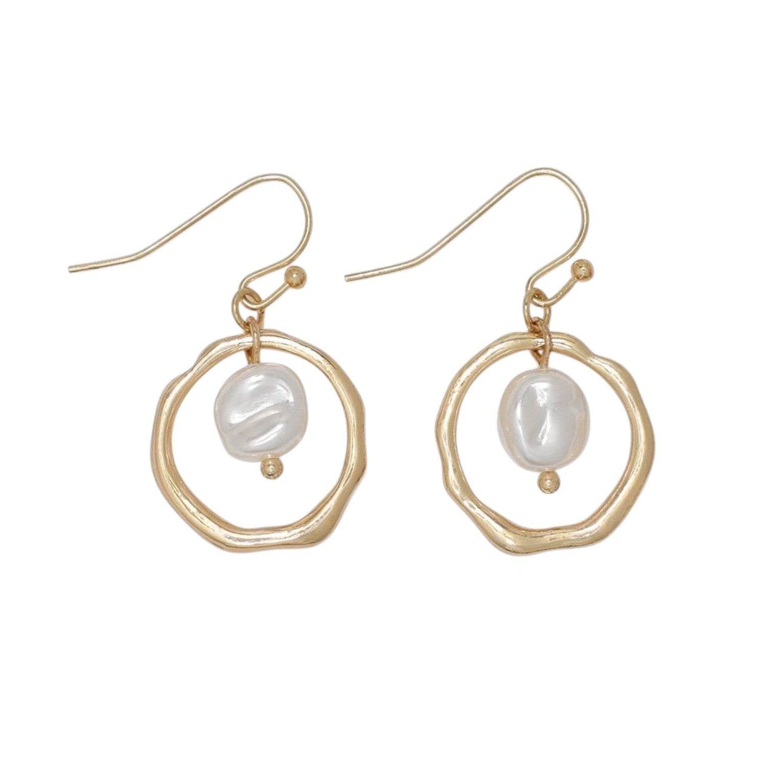 Mellow Monkey hammered gold hoop earrings featuring a central white pearl drop, nickel and lead-free coastal style.