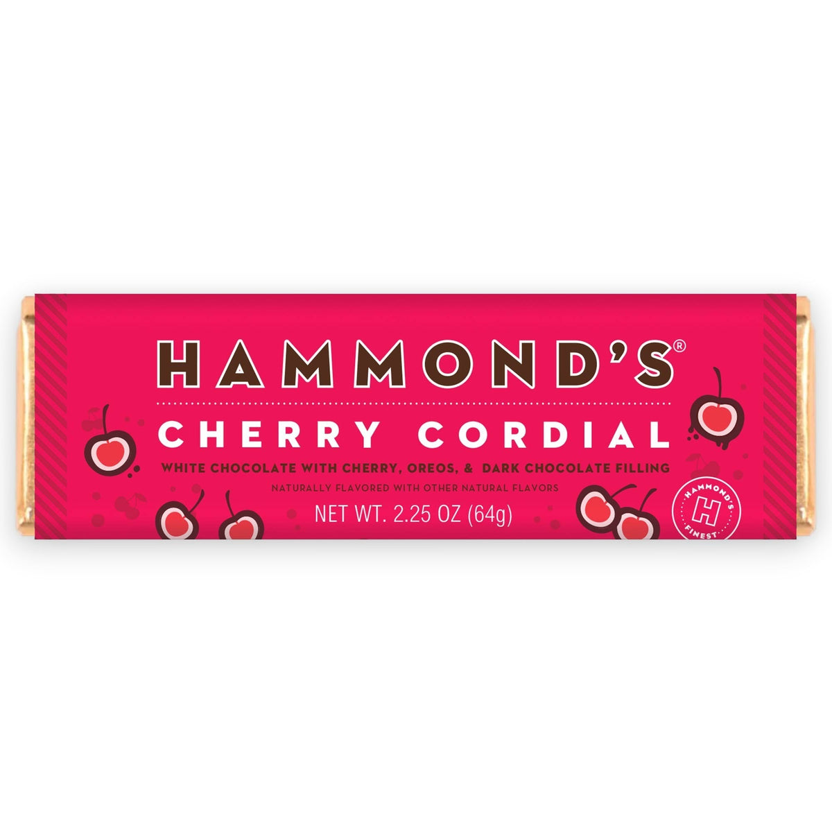 Mellow Monkey Hammond's Cherry Cordial chocolate bar in a bright pink wrapper with cherry and chocolate illustrations.