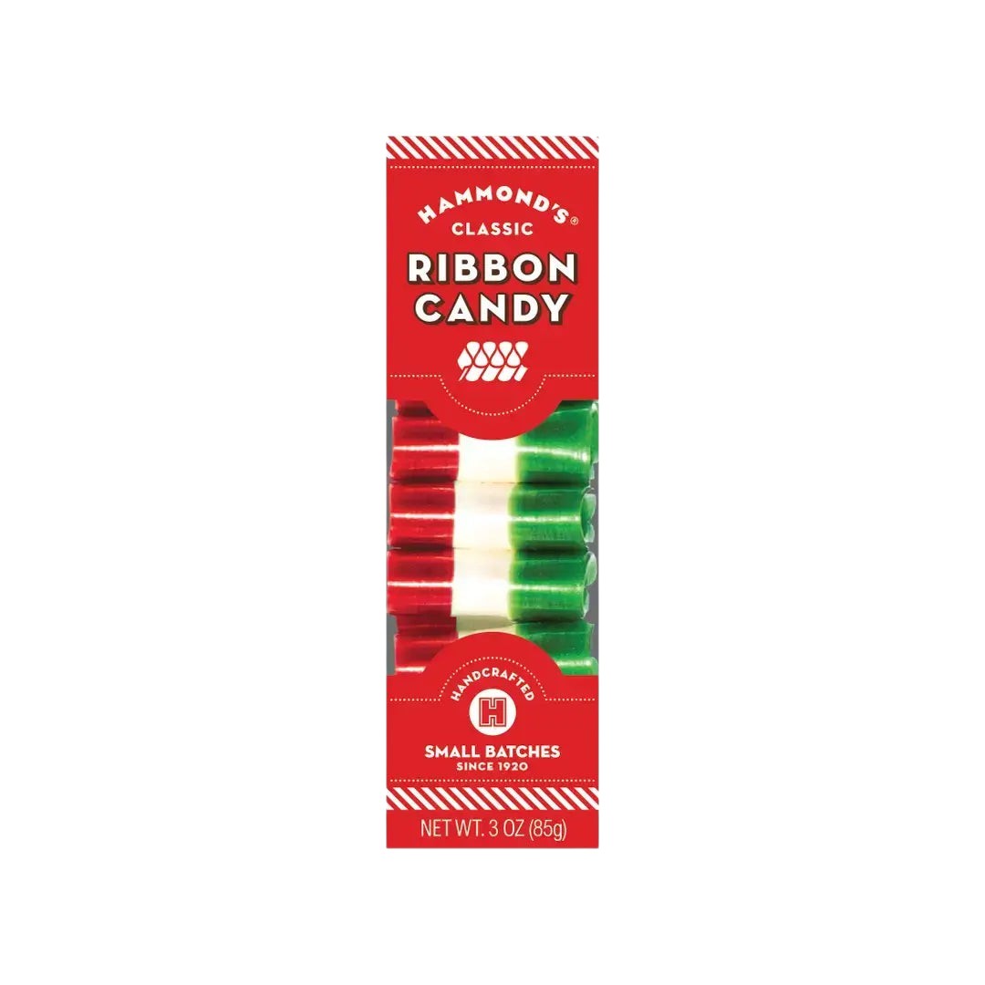 Mellow Monkey Hammond's holiday ribbon candy in a red, white, and green striped handcrafted 3 oz box
