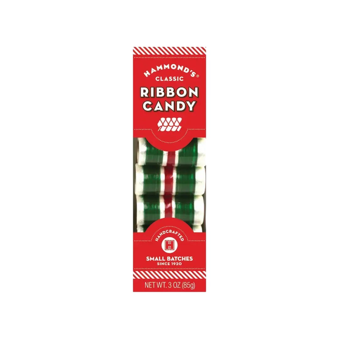 Mellow Monkey Hammond's holiday ribbon candy in a red and white box with green and white striped candy visible.