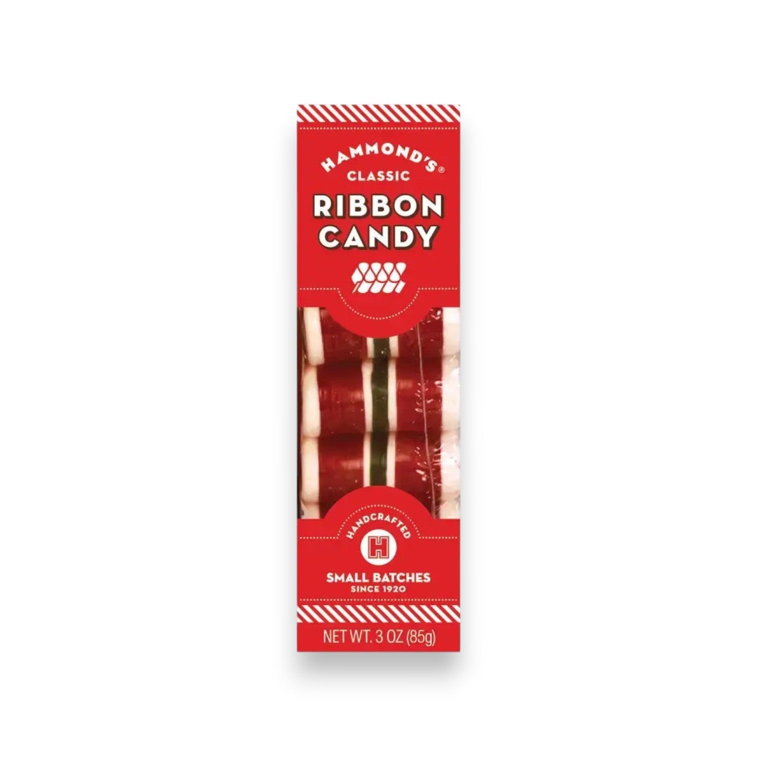Mellow Monkey Hammond's handcrafted ribbon candy in a festive red and white box for holiday gifting.