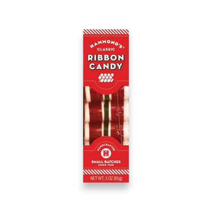 Mellow Monkey Hammond's handcrafted ribbon candy in a festive red and white box for holiday gifting.