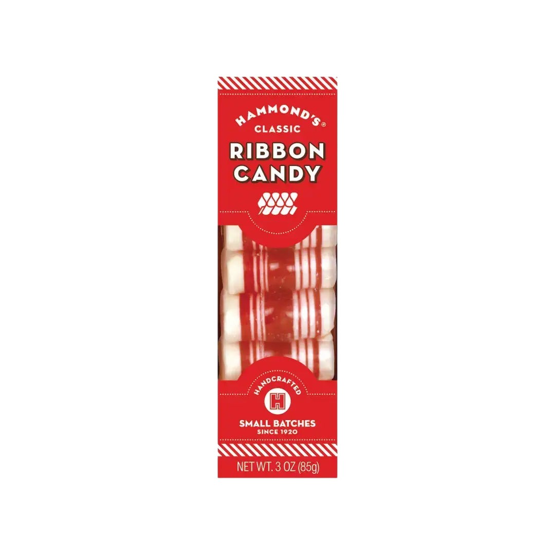 Mellow Monkey Hammond's handcrafted red and white striped ribbon candy in a festive holiday gift box