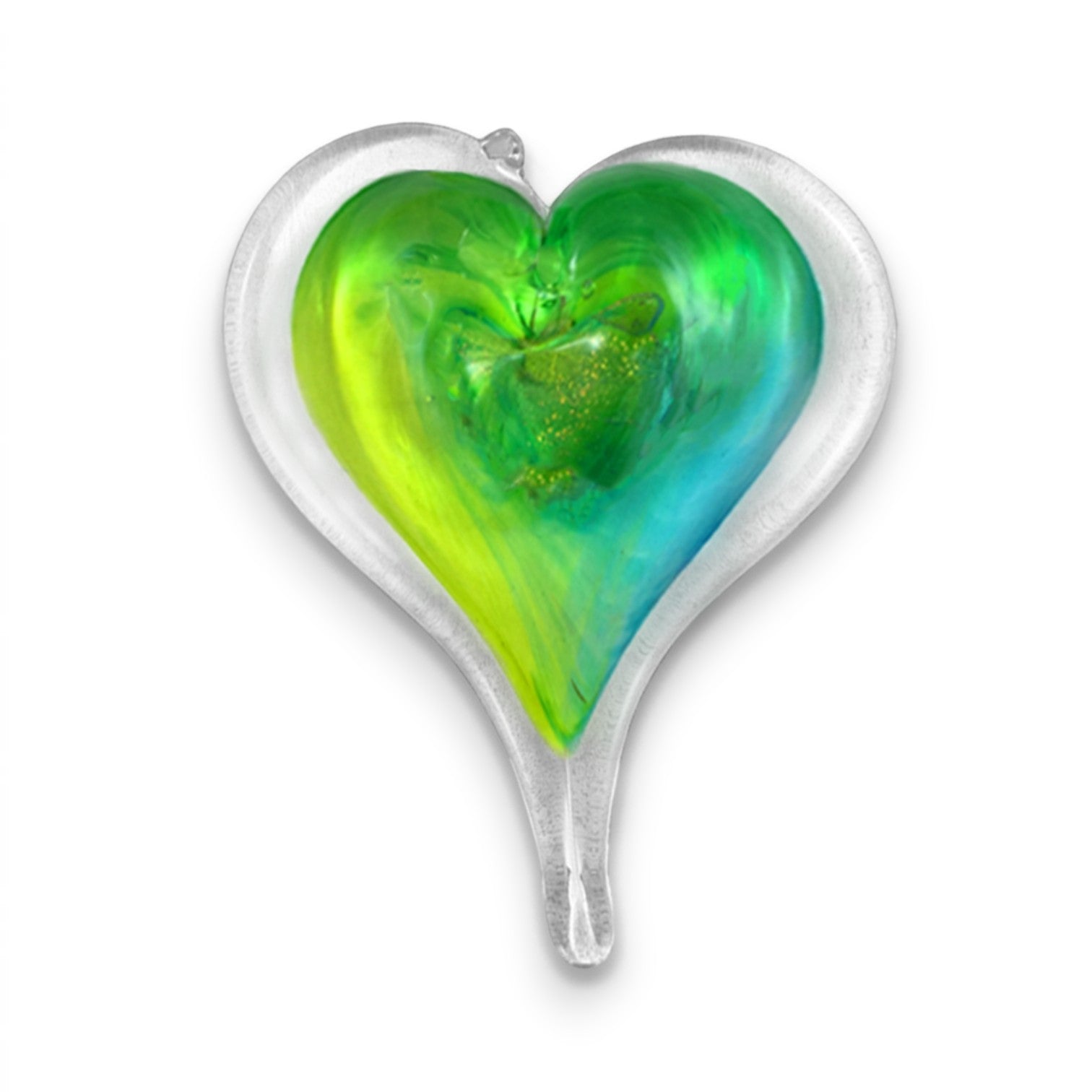 Mellow Monkey 5-inch hand-blown glass heart ornament featuring vibrant green and blue swirls with a clear glass border.